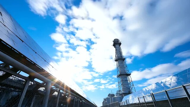 Concentrated solar power plant with heliostat mirror arrays focusing sunlight on central receiver tower molten salt storage tanks visible alongside steam generation equipment con