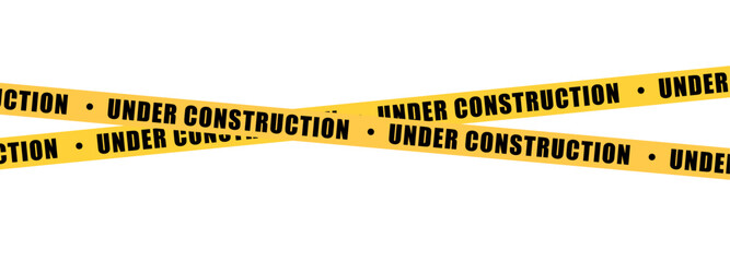 Under construction yellow warning tape safety stripe. Caution barrier stripe for safety zone, blocked area, website page, road work, site maintenance, redesign progress. Vector illustration.