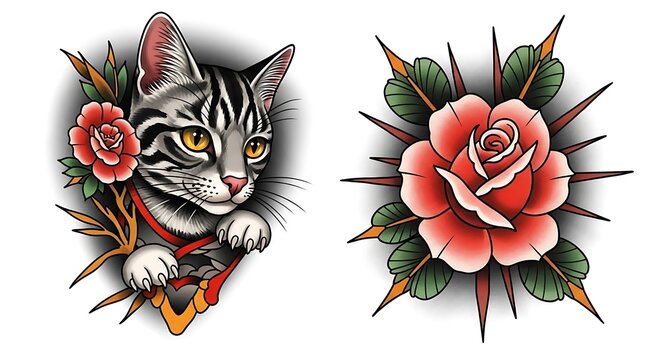 Cat and Rose Tattoo Designs.
