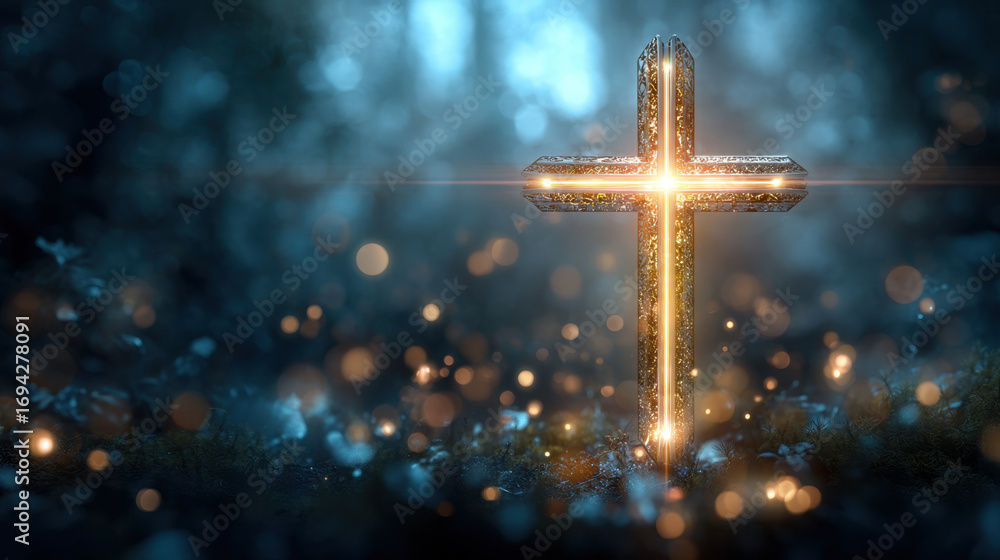Poster glowing cross illuminated in mystical forest setting, surrounded by soft bokeh lights and serene atm