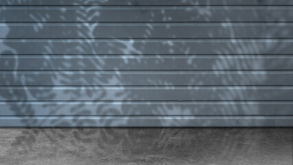 Interior of a modern and minimalist studio with the shadow of a palm leaf on a striped wall with a bright floor background. Mockup or copy space. Empty backdrop podium for product or text display