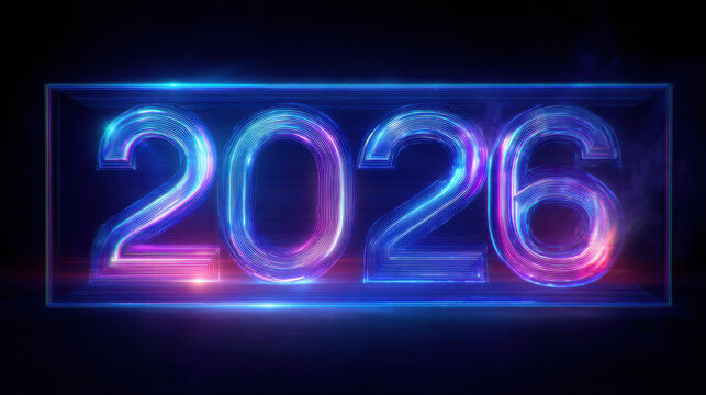 Vibrant and futuristic representation of year 2026, featuring glowing neon lights and sleek design that evokes sense of innovation and excitement for future