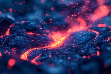 Close up of flowing lava with red and blue hues on a dark surface.