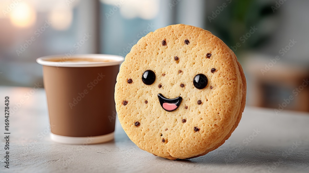Poster cookie with a smiling face is placed on a table next to a cup of coffee. the cookie is decorated wit