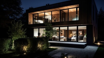 Modern house at night with illuminated garden