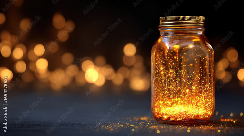 Poster glowing jar filled with shimmering golden particles creates magical atmosphere, surrounded by soft b
