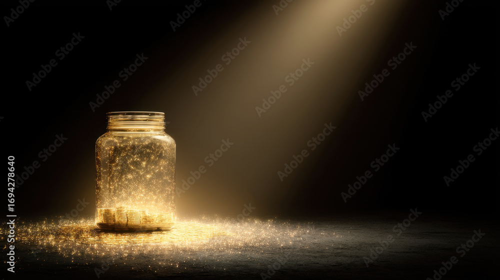 Poster glowing jar filled with coins emits magical light, creating captivating atmosphere. shimmering parti