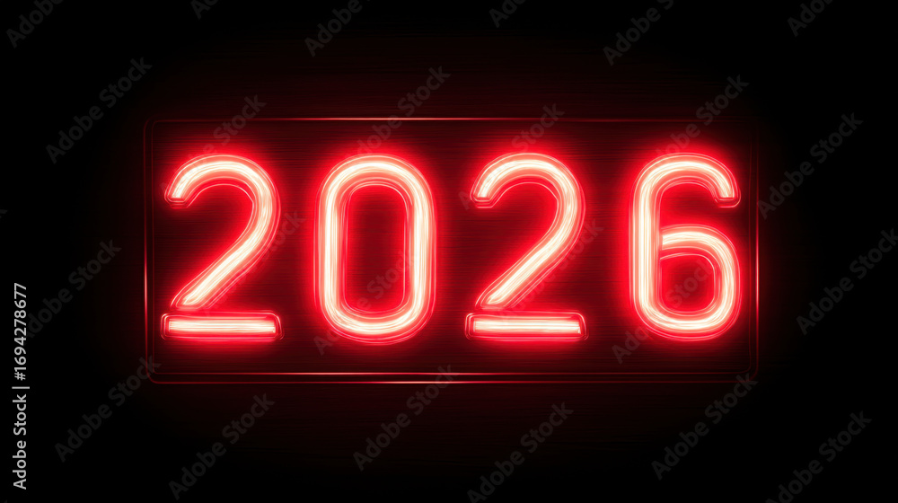 Poster neon sign displaying year 2026 in bright red light against dark background, creating vibrant and mod