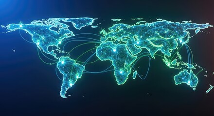 Global network connection map illuminated with neon green and blue lines over a dark background showcasing international data transfer and technological advancements