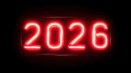 Neon sign displaying year 2026 in bright red light against dark background, creating vibrant and modern atmosphere that evokes anticipation and excitement for future