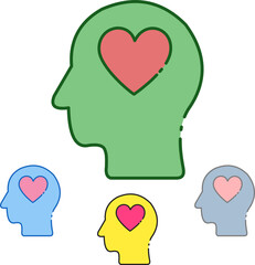 Flat vector illustration of human head with heart symbol, representing mental health, empathy, self care, psychology, wellness, therapy, compassion, and emotional well-being