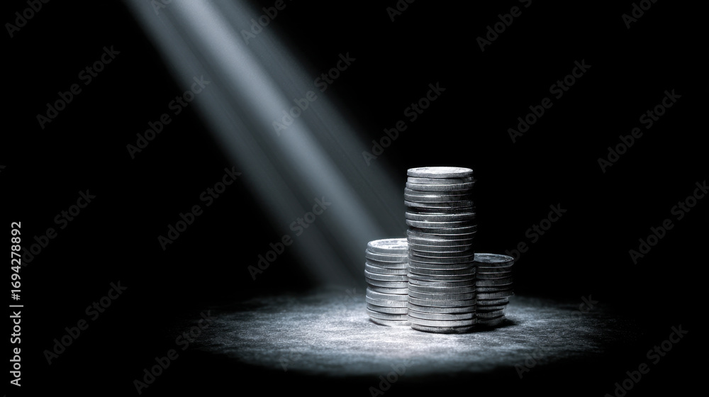Poster stacked coins illuminated by beam of light create dramatic contrast against dark background, symboli