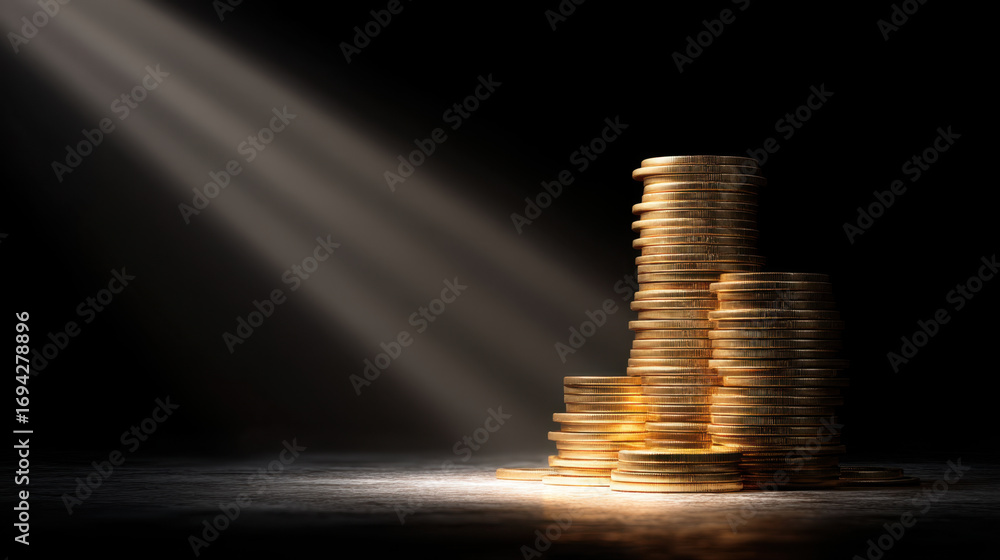 Poster stacks of shiny gold coins illuminated by beam of light create dramatic and captivating scene, symbo