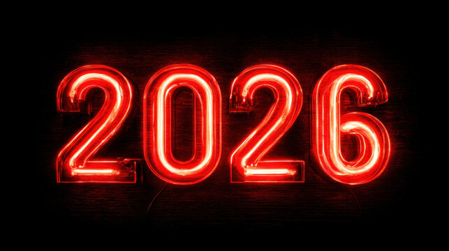 Neon lights illuminate year 2026 in vibrant red, creating striking visual effect against dark background. This evokes sense of anticipation and excitement for future