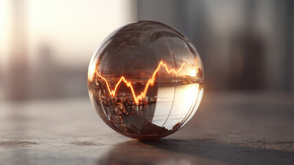 Crystal ball reflects city skyline with glowing line graph, symbolizing financial growth and market trends. warm light creates optimistic atmosphere, suggesting future possibilities