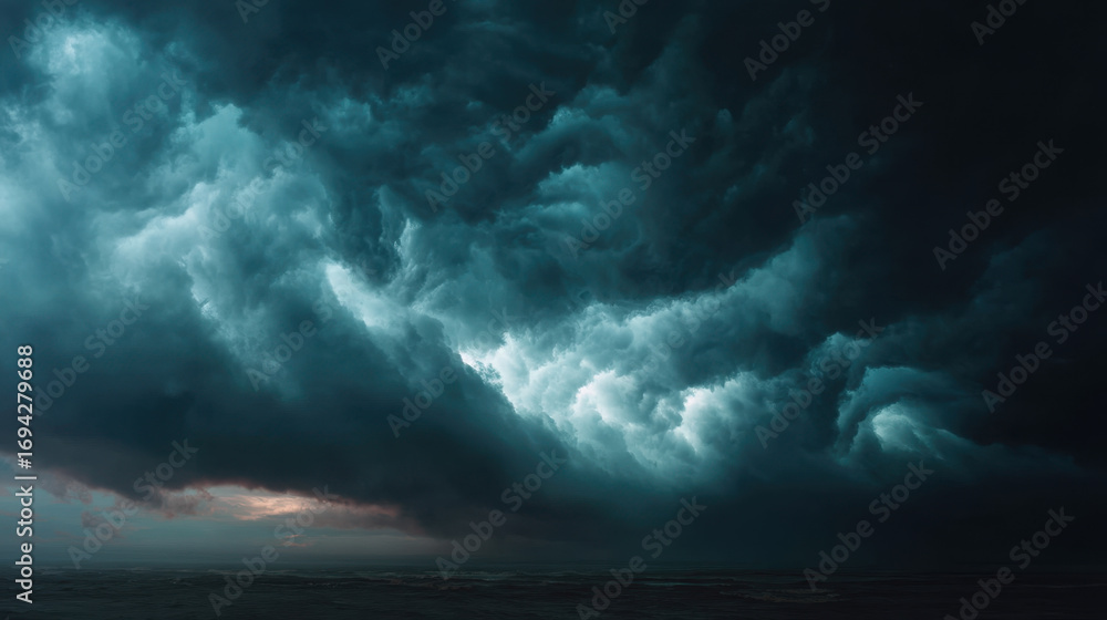 Poster dramatic storm clouds gather over ocean, creating moody and intense atmosphere. swirling patterns an