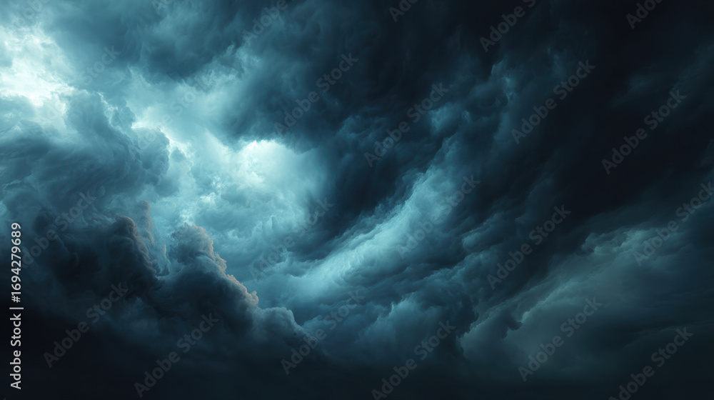 Poster dramatic storm clouds swirl in dark, moody sky, creating sense of impending weather. interplay of li