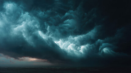 Dramatic storm clouds gather over ocean, creating moody and intense atmosphere. swirling patterns and dark hues evoke sense of impending weather, captivating viewer attention