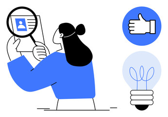 Woman inspecting document with magnifying glass, beside icons of thumbs up and lightbulb. Ideal for analysis, approval, ideas, research, data review, decision-making, simple landing page