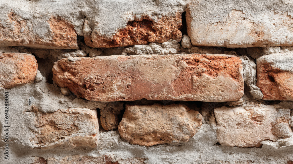 Poster textured wall made of rustic bricks showcases blend of earthy tones, with weathered surfaces and mix