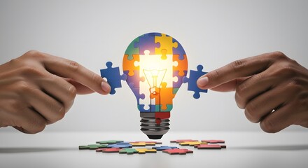 Concept of collaboration teamwork and creative idea with light bulb from puzzles