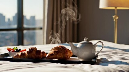 Warm sunlight illuminates a luxurious hotel room breakfast tray featuring a steaming teapot, freshly baked croissants, and a bowl of mixed berries, creating a serene and inviting atmosphere - Powered by Adobe
