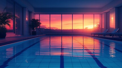 Obraz premium Indoor pool, sunset view, recreation, relaxation
