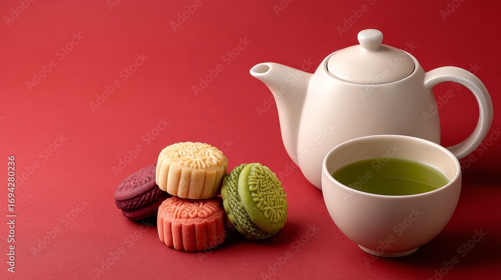 Poster teapot is placed on a red table with a variety of pastries and a cup of green tea. the pastries incl