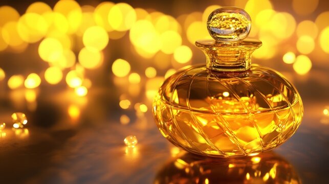 Golden fragrance elixir with bokeh lights shimmering in background showcases luxury