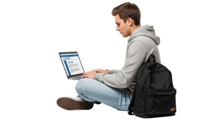 Student Sitting with Laptop and Backpack  