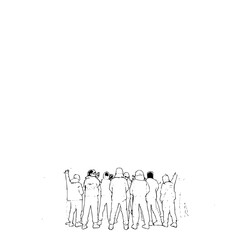 A black and white sketch of a crowd of people with their backs turned to the viewer standing together