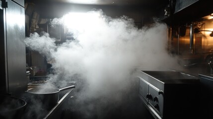 Culinary steam ascends in a bustling kitchen reflecting light and culinary expertise in action