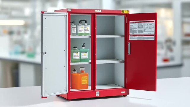 Hazardous material storage cabinet with proper ventilation chemical compatibility charts spill containment systems and safety data sheet documentation in laboratory setting