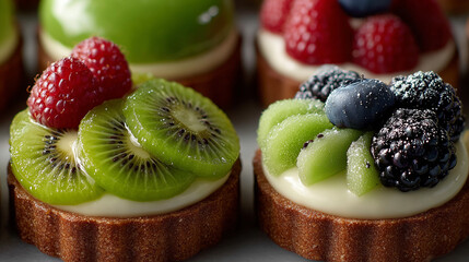 Mini fruit tarts with glazed kiwi, berries, and custard, arranged in grid