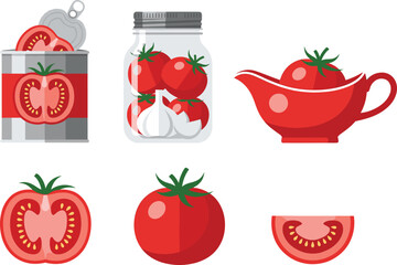 Tomato vector illustration showing whole, sliced, canned, jarred, and sauced tomatoes for culinary, packaging, nutrition, and food education use