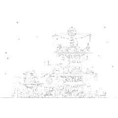 Detailed line drawing of a multi level structure with intricate architectural details and many small figures