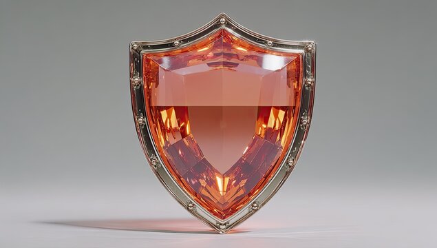 Ornate, amber shield, metallic frame, 3D render