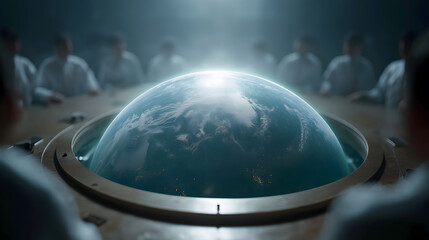 Business meeting, hologram and futuristic: Futuristic roundtable meeting shows collective, innovative energy, presenting earth from creative, technological angle