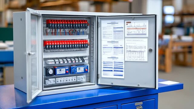 Industrial lockouttagout station featuring organized safety locks tags and hasps with procedure documentation and training materials displayed on manufacturing floor lockout