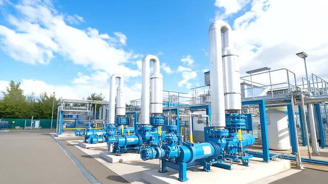 Hydrogen production facility using electrolysis equipment powered by renewable energy featuring gas compression systems storage vessels and distribution infrastructure for clean