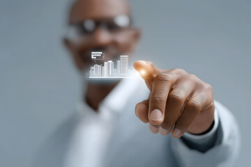 Business meeting, hologram and futuristic: An enthusiastic man examines data graph, appearing optimistic and excited about positive growth trend shown