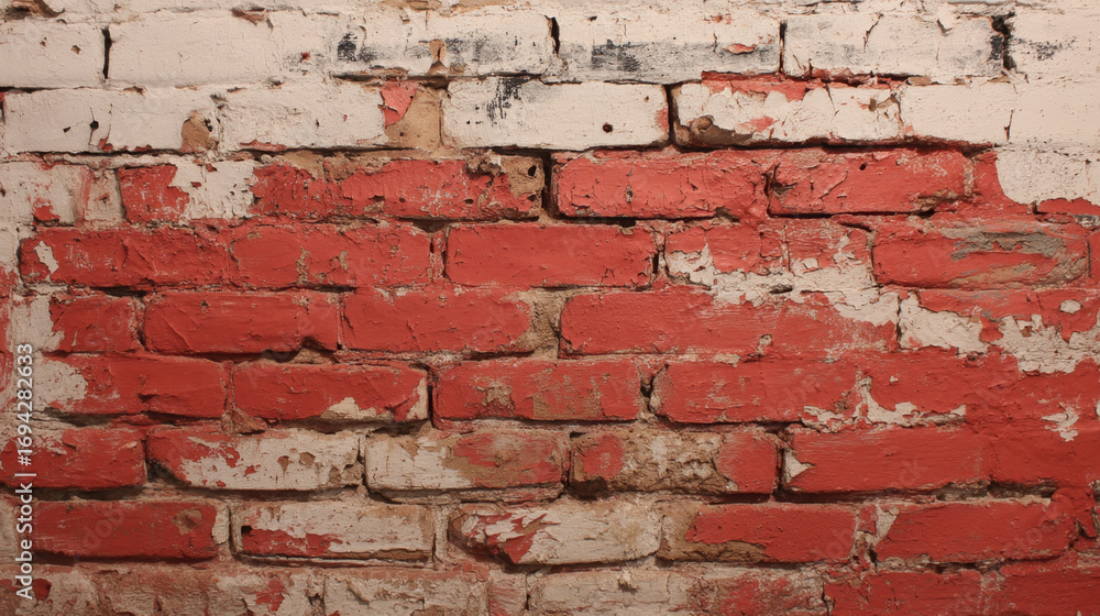 Poster old brick wall, featuring mix of red and white paint, with peeling layers revealing texture and char