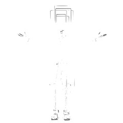 Sketch of a person with outstretched arms and stacked rectangles above the head in black and white style