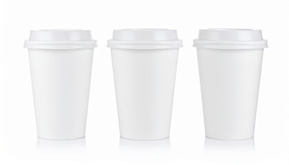 three blank white disposable coffee cups with lids on reflective surface