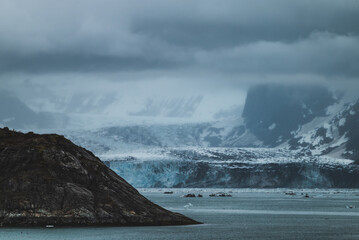 Close up view on the glaciers in Alaska, mountains and glacier landscape	
