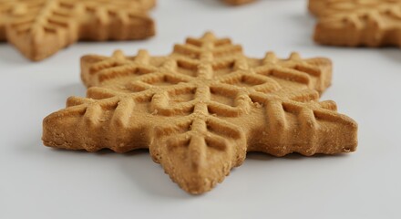 Close up image of snowflake shaped cookies on a white surface