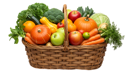 Abundant harvest basket overflowing with fresh colorful autumn vegetables and fruits against a black background