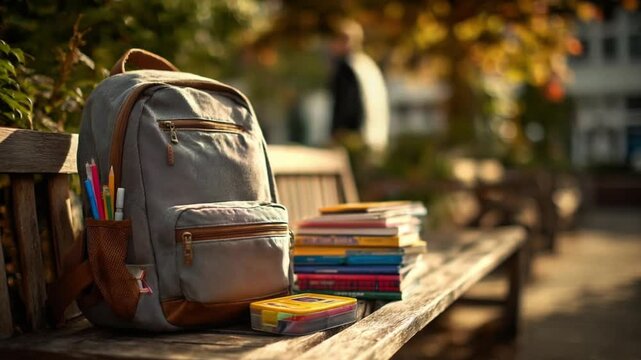 Backpack and books on a bench ready for school in a park setting