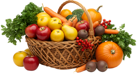 Abundant harvest basket overflowing with fresh seasonal fruits and vegetables on a black background