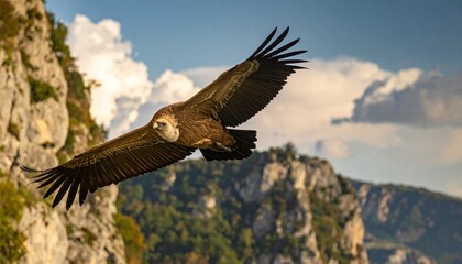 Obraz premium buitre leonado (Gyps fulvus) en primer plano, sobrevolando un acantilado. El ave aparece con gran nivel de detalle, mostrando las alas extendidas, plumas bien definidas y su cabeza calva